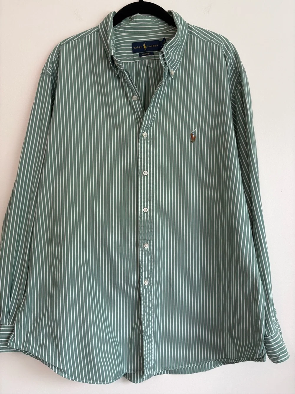 Polo Ralph Lauren Green White Striped Oxford Button-Down Shirt Classic Fit 17.5 - Picture 1 of 10
